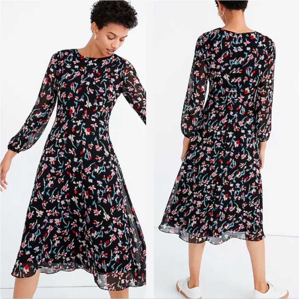 Madewell Sheer-Sleeve Midi Dress in Drifting Flowers Black Size 10